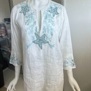 Barbara Gerwit Beaded Starfish Linen Tunic Top SZ S